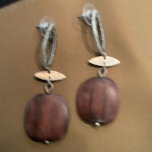 Brown wooden Drop Earrings with Silver Accents
